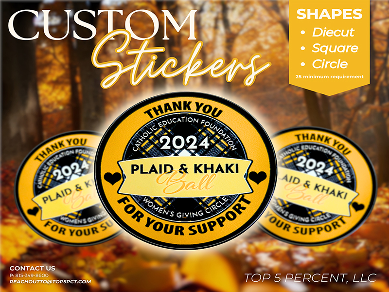 Custom die cut stickers and labels printed by Top 5 Percent in Joliet Illinois