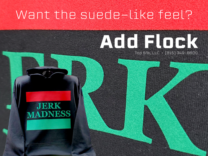 Custom flock print shirts with velvet texture in Joliet Illinois